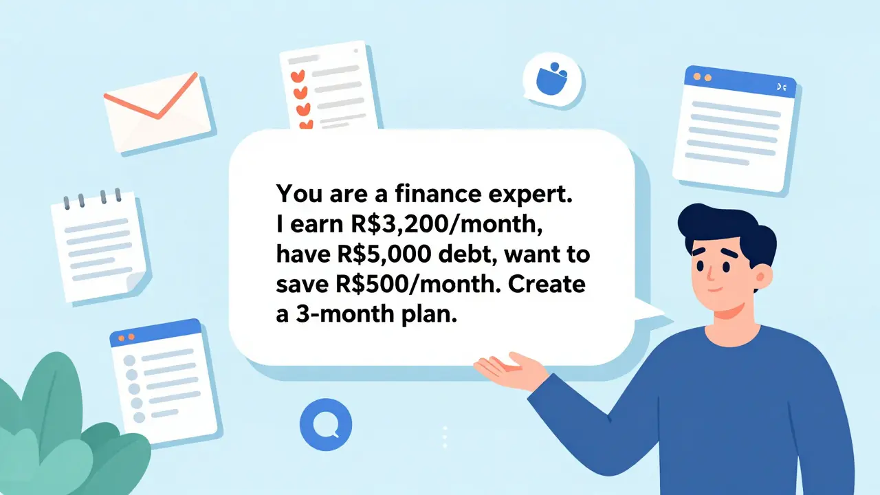 Pessoa com balão de fala contendo prompt estruturado para finanças, ícones de tarefas ao redor.