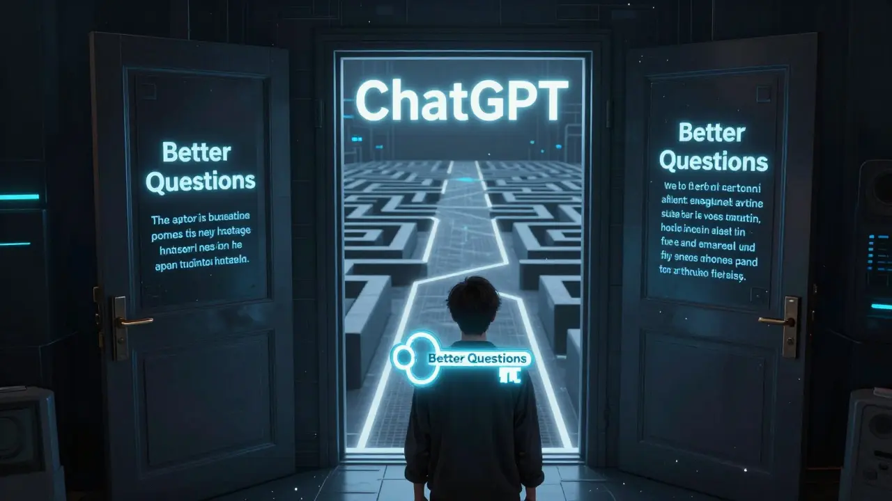 Pessoa segurando uma chave que diz 'Melhores Perguntas' diante de uma porta com caminhos que levam a respostas corretas ou erradas.