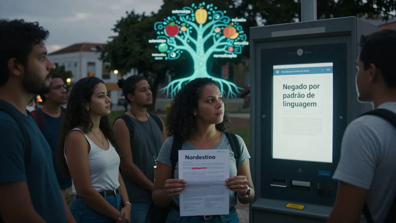 Pessoas diante de uma tela que rejeita solicitações por padrões linguísticos, em um cenário noturno.