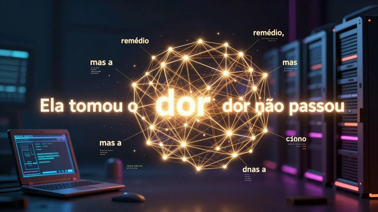 Rede neural ilustrada como teias de luz conectando palavras em uma frase médica, com fundo dividido entre tecnologias antigas e modernas.