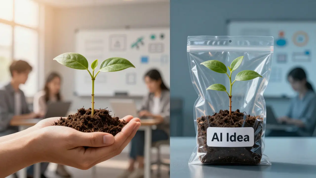 Semente de planta sendo plantada ao lado da mesma semente embalada como 'ideia de IA'.
