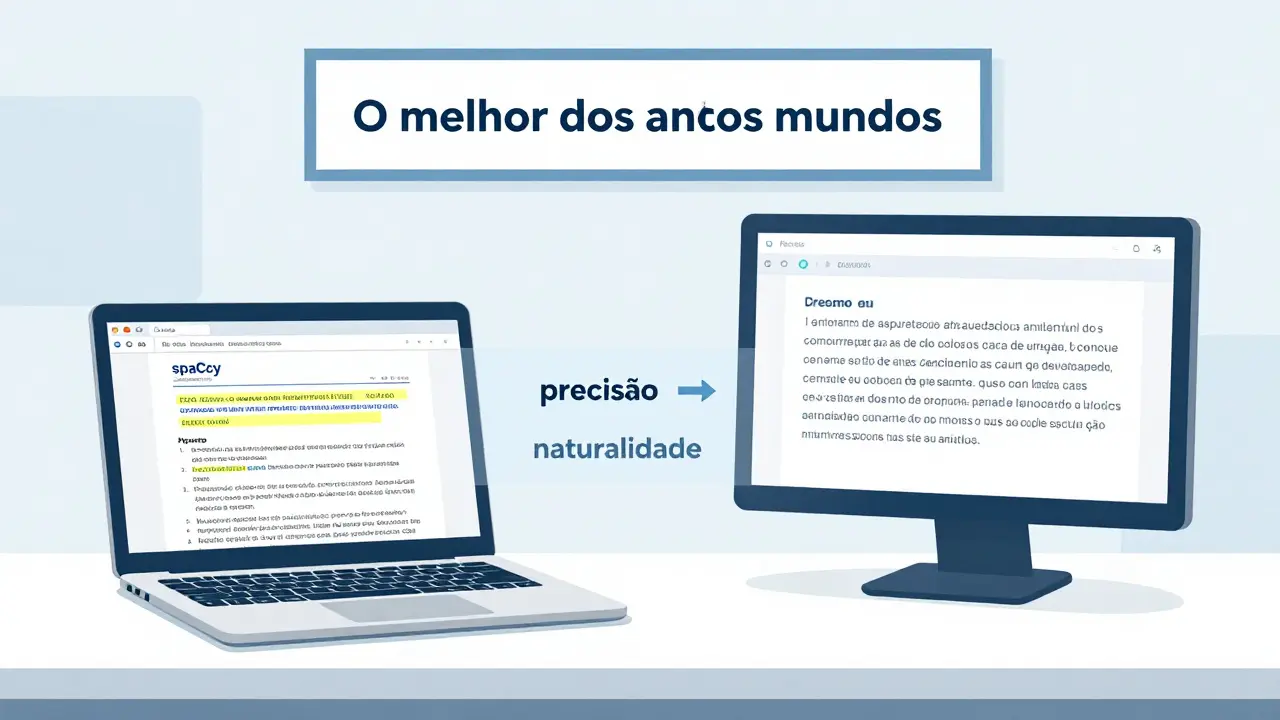 Sistema híbrido de NLP: laptop com spaCy e tela com LLM gerando resumo médico, ambos conectados visualmente.