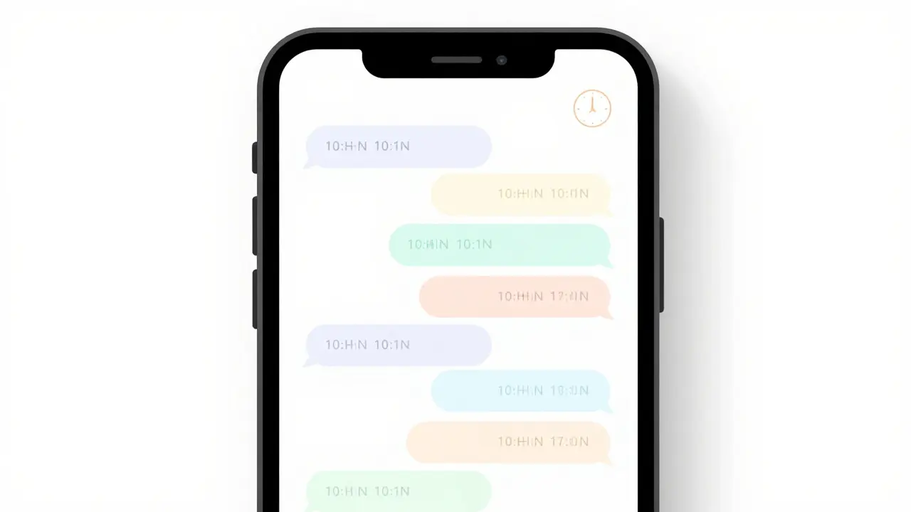 Tela de smartphone com conversa dividida por intervalos de 10 minutos ao longo do dia.