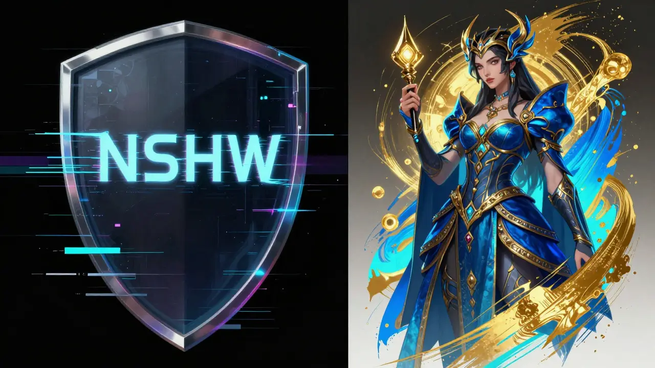 Tela dividida: prompt bloqueado à esquerda, personagem fantástico à direita.