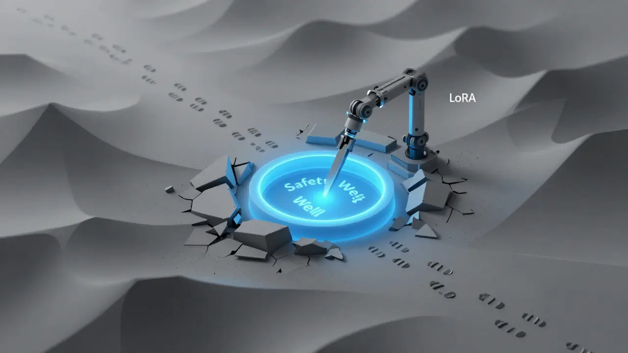 3D parameter space showing a safe zone preserved by precise adaptation, with a path leading away from ethical boundaries.