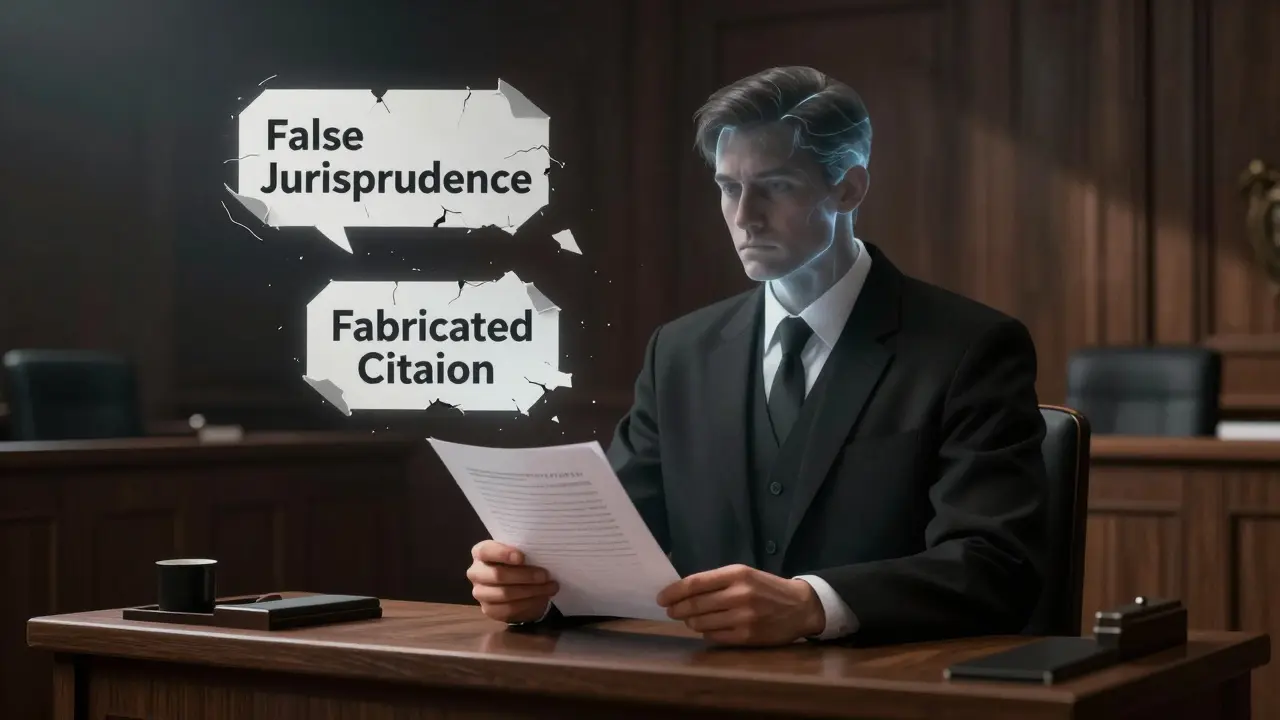 Advogado em tribunal com citações jurídicas falsas desintegrando-se no ar.