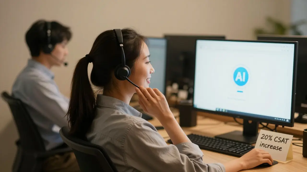 Atendente de suporte sorrindo com assistente de IA na tela, nota de aumento de satisfação do cliente visível.