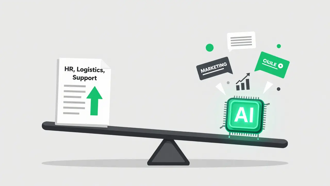 Balança simbólica mostrando processos internos como logística e RH superando marketing em retorno de IA.