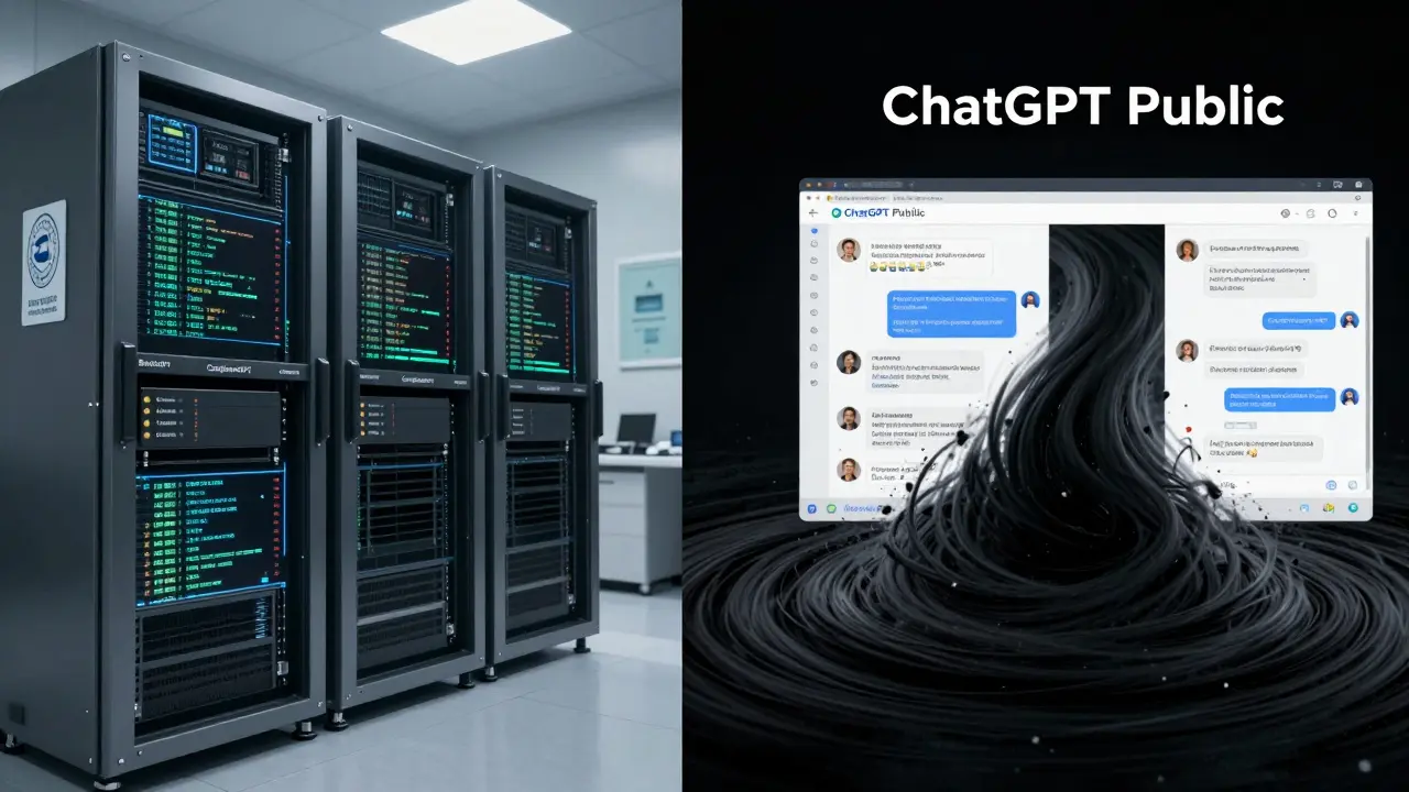 Cena dividida: estação segura de IA com conformidade HIPAA à esquerda e fluxo de dados perigoso para ChatGPT público à direita.