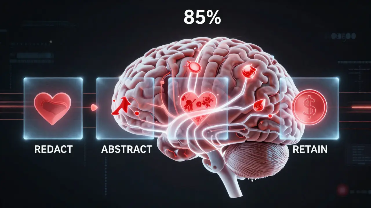 Cérebro de IA filtrando dados sensíveis por três etapas, mantendo apenas informações essenciais.