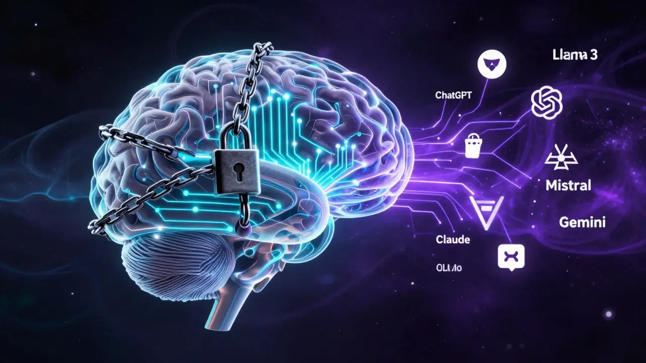 Cérebro humano com circuitos digitais, metade restrita por cadeias e metade livre, representando modelos de IA com e sem filtros.