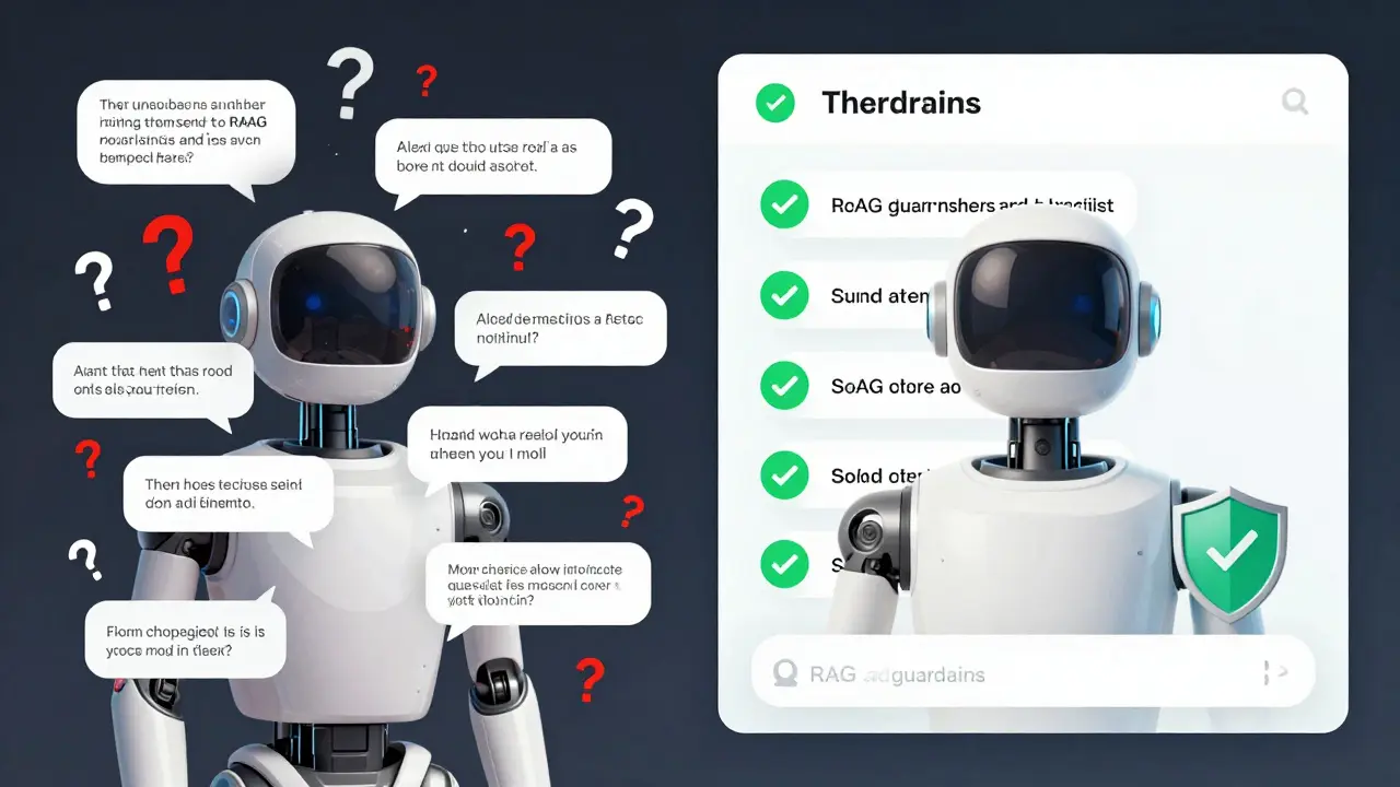 Comparação entre uma IA errônea, cheia de erros, e uma IA confiável com citações verificadas e símbolos de segurança.