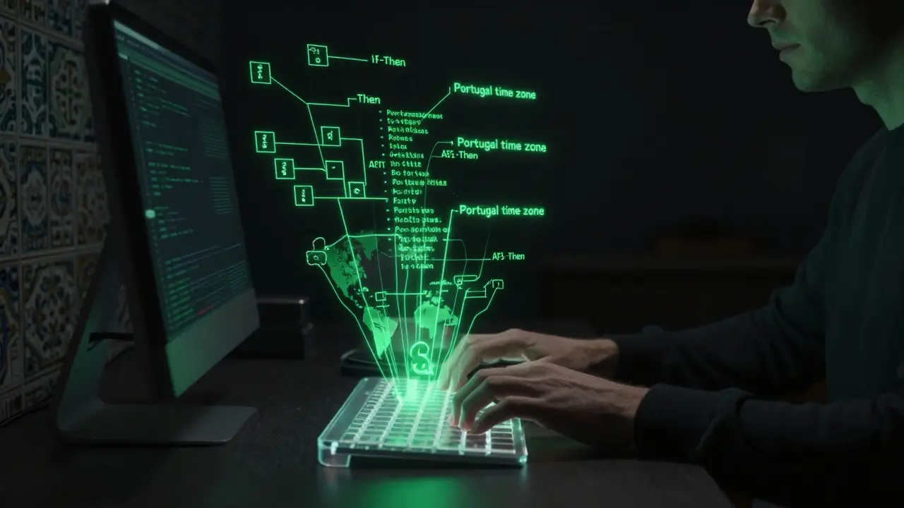 Desenvolvedor criando prompts condicionais com lógica programável flutuando no ar.