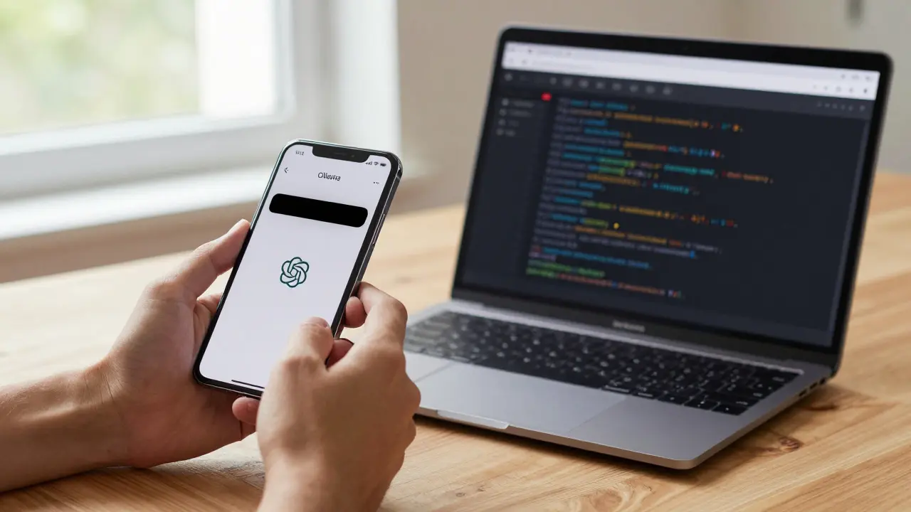 Duas mãos segurando dispositivos diferentes: um smartphone com resposta bloqueada e um laptop mostrando respostas livres de um modelo de IA aberto.