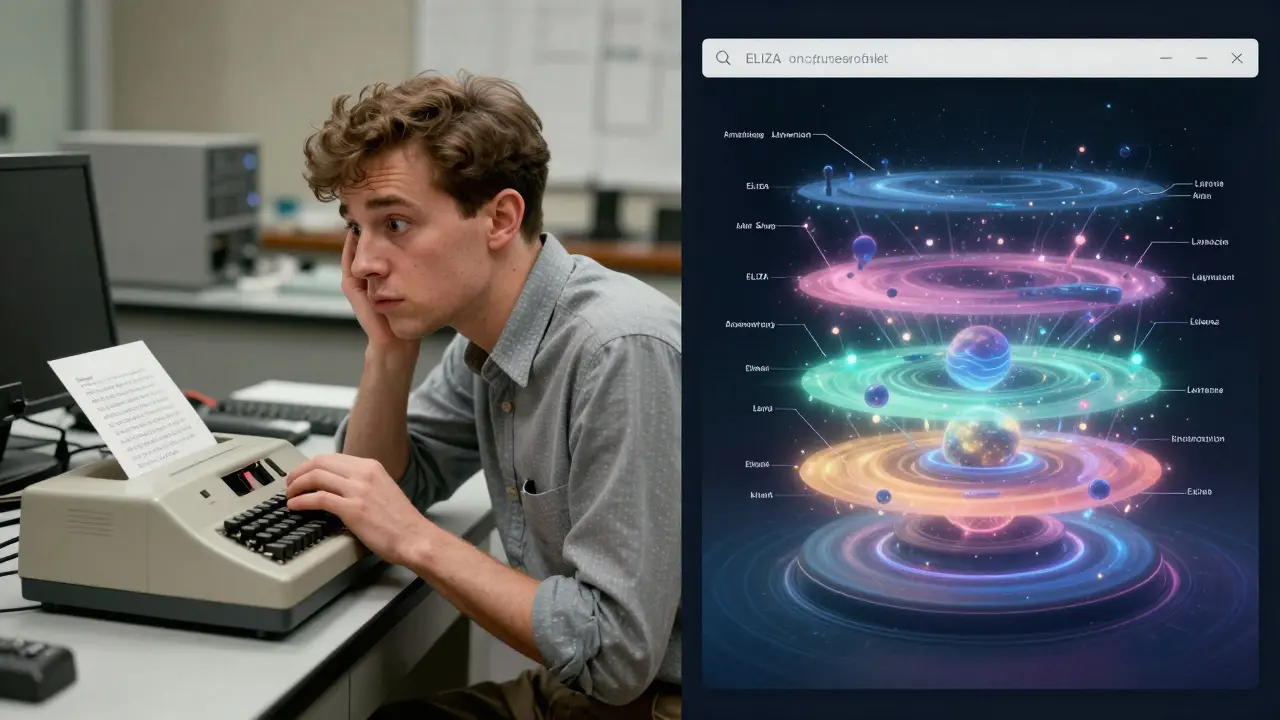 ELIZA chatbot in 1960s lab versus modern AI image generator, showing the psychological impact of early AI.