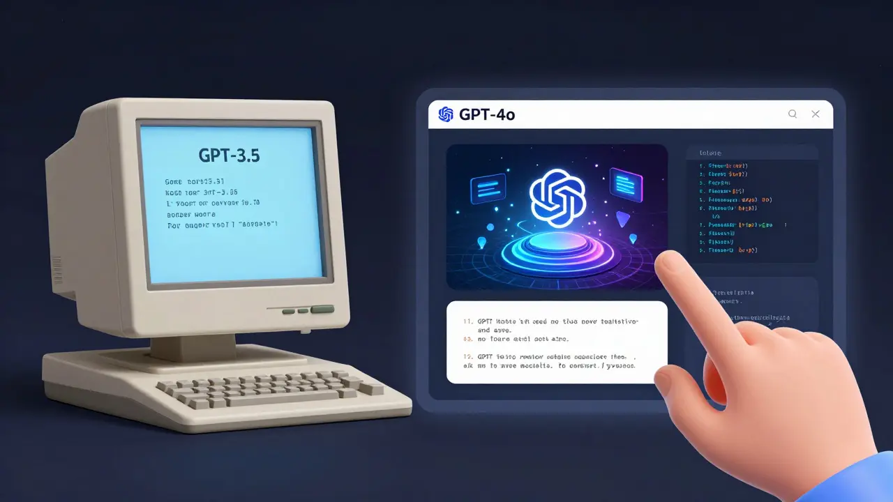 Interface dividida: GPT-3.5 simples à esquerda e GPT-4o avançado à direita, analisando texto, imagem e código.