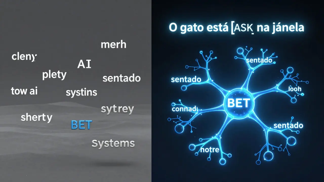 Lado a lado: sistemas antigos de IA com palavras isoladas versus BERT analisando uma frase inteira com conexões contextuais em azul.