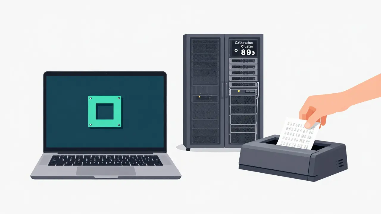 Laptop executando um modelo de IA em 4 bits ao lado de um cluster de calibração com 128 exemplos de texto.