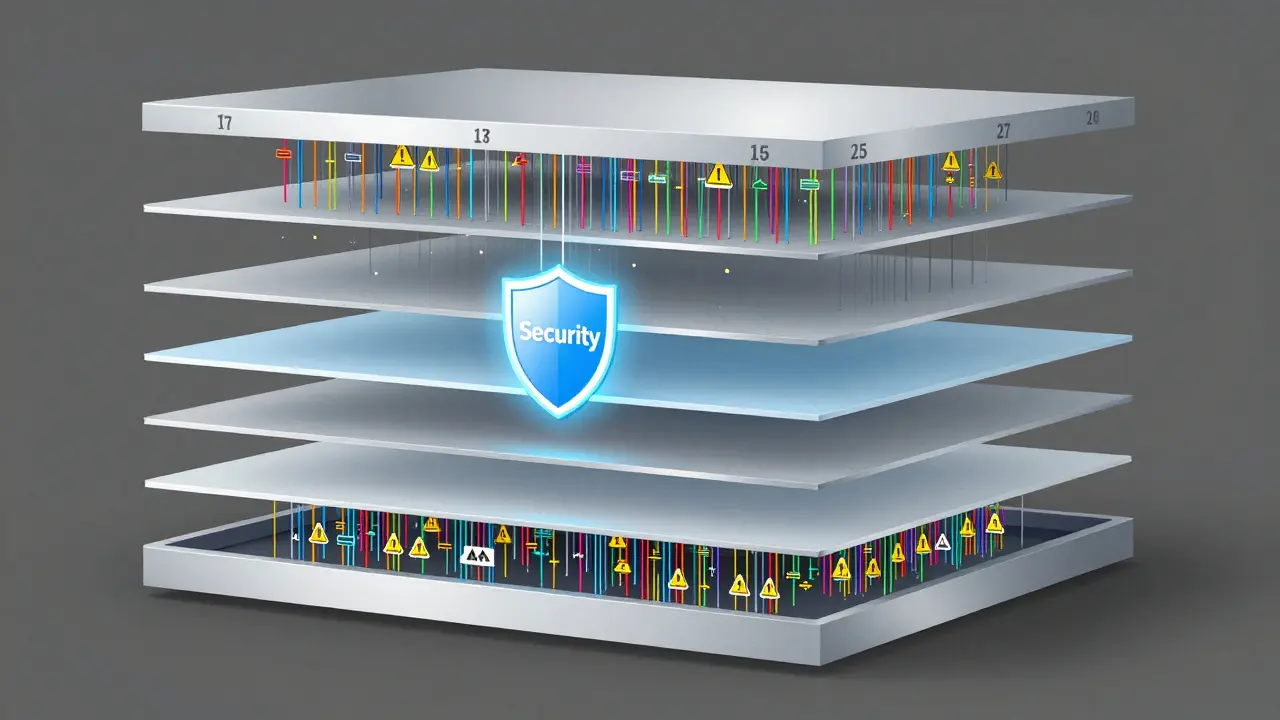 Layered language model with middle layers frozen in silver, protecting security while only input and output layers are modified.