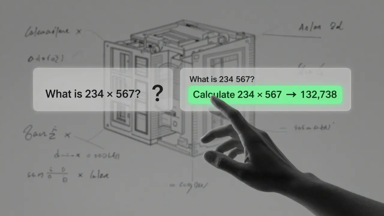 Mão humana interagindo com duas versões de uma pergunta matemática: uma sem ajuda, outra com cálculo automático.