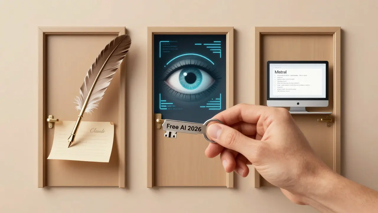 Mão segurando chave que abre três portas simbolizando as três melhores IA gratuitas em 2026, em estilo minimalista.