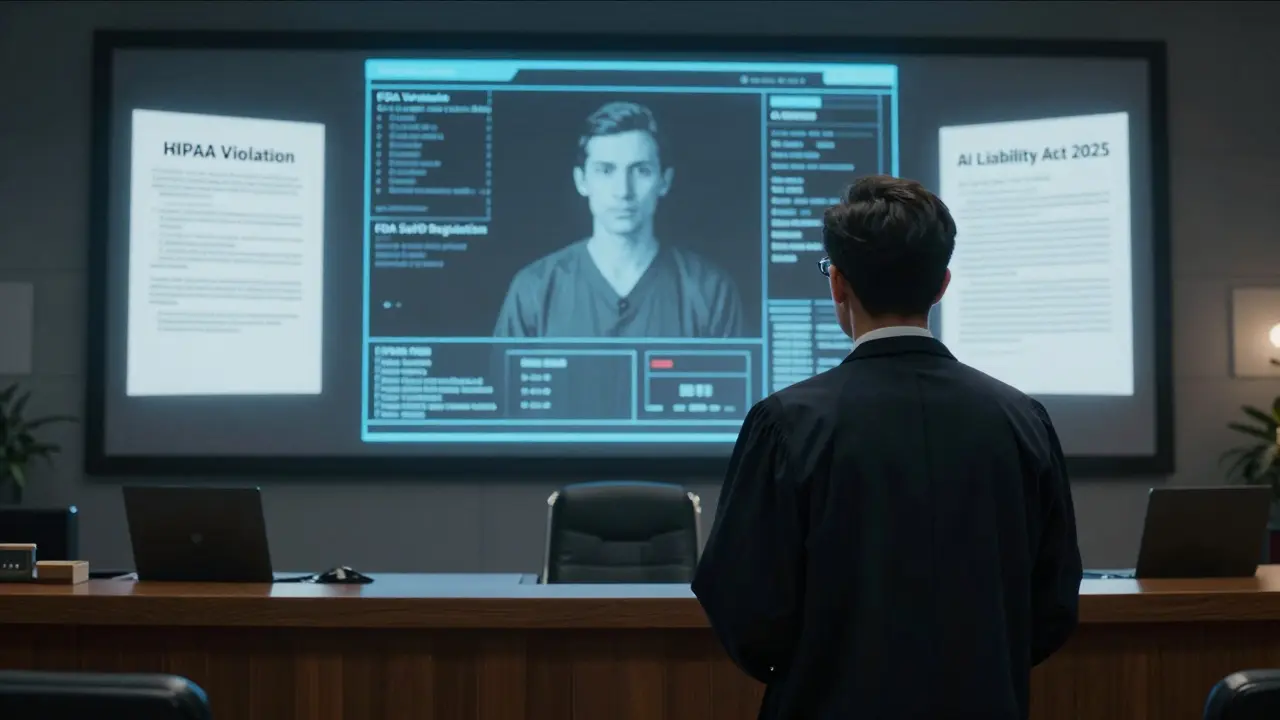 Médico em tribunal confrontado com evidência digital de erro de IA que causou dano ao paciente.
