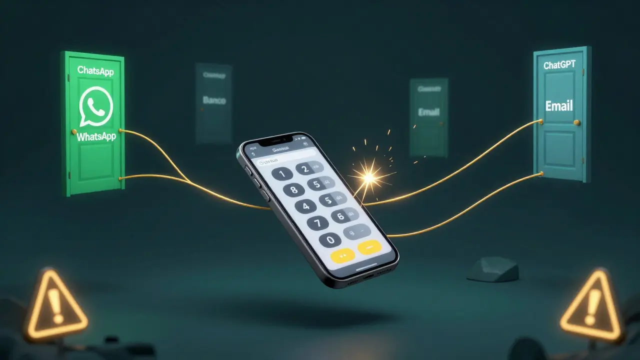 Número de telefone conectado a portas digitais, com um fio rompido e faíscas, representando riscos de privacidade.