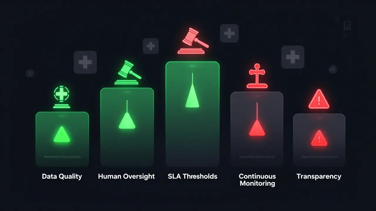 Painel de governança de IA com métricas em tempo real e cinco pilares de controle.
