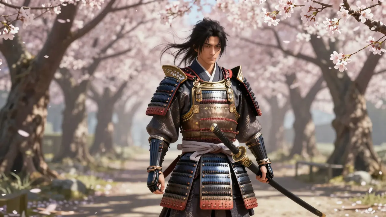 Pessoa como samurai japonês diante de cerejeiras em flor, armadura detalhada e iluminação dramática.