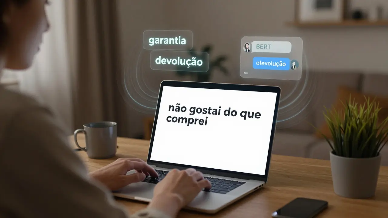 Pessoa digitando uma frase vaga em um laptop em Lisboa, enquanto palavras inferidas como 'garantia' e 'devolução' surgem como efeitos visuais.