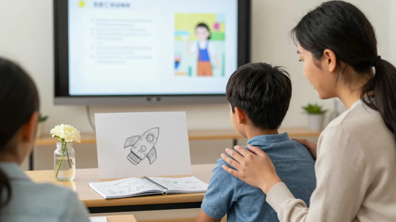 Professor se inclina para ouvir um aluno tímido em sala de aula, com telas digitais desfocadas ao fundo.
