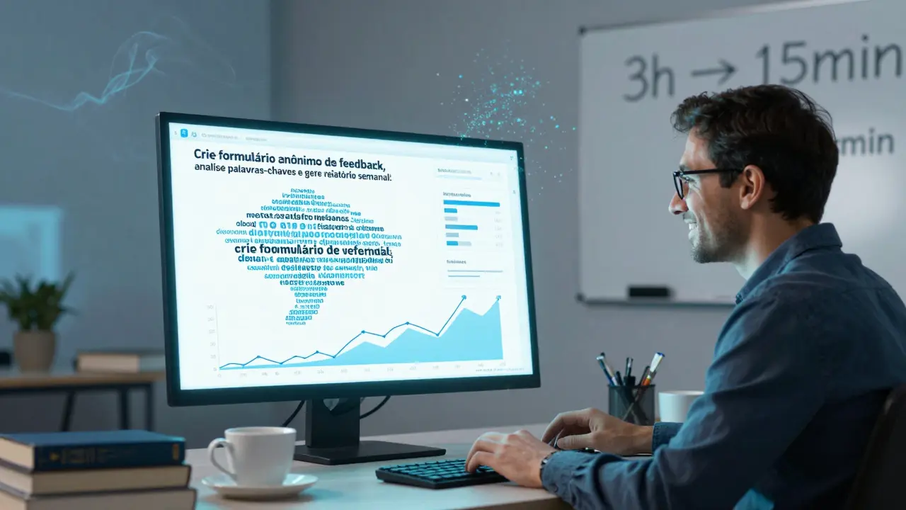 Professor vendo um dashboard gerar automaticamente feedback de aulas com nuvens de palavras e relatórios semanais.