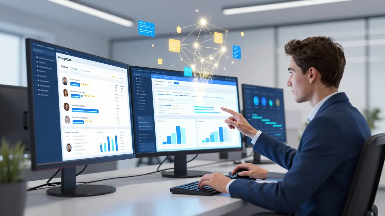 Profissional analisando dados de prompts em telas, com métricas e templates visuais em destaque.