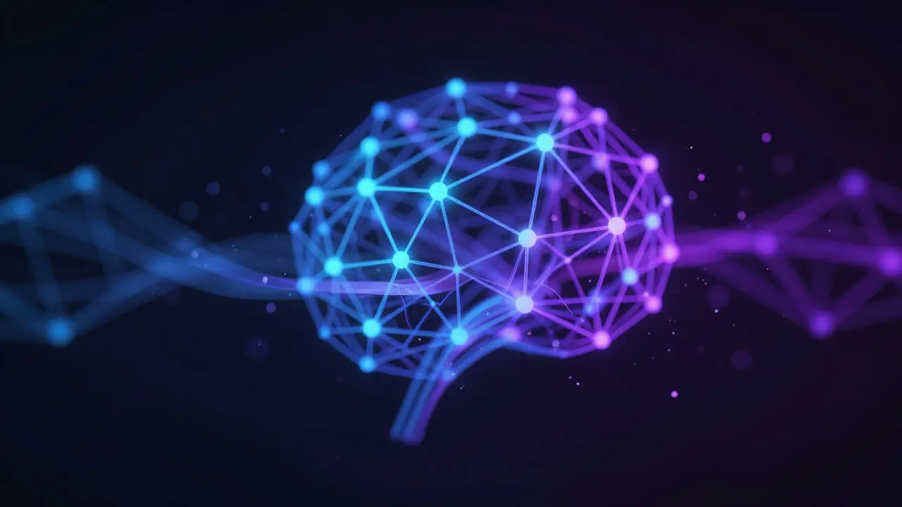 Rede neural abstrata com tokens fluindo entre nós brilhantes.