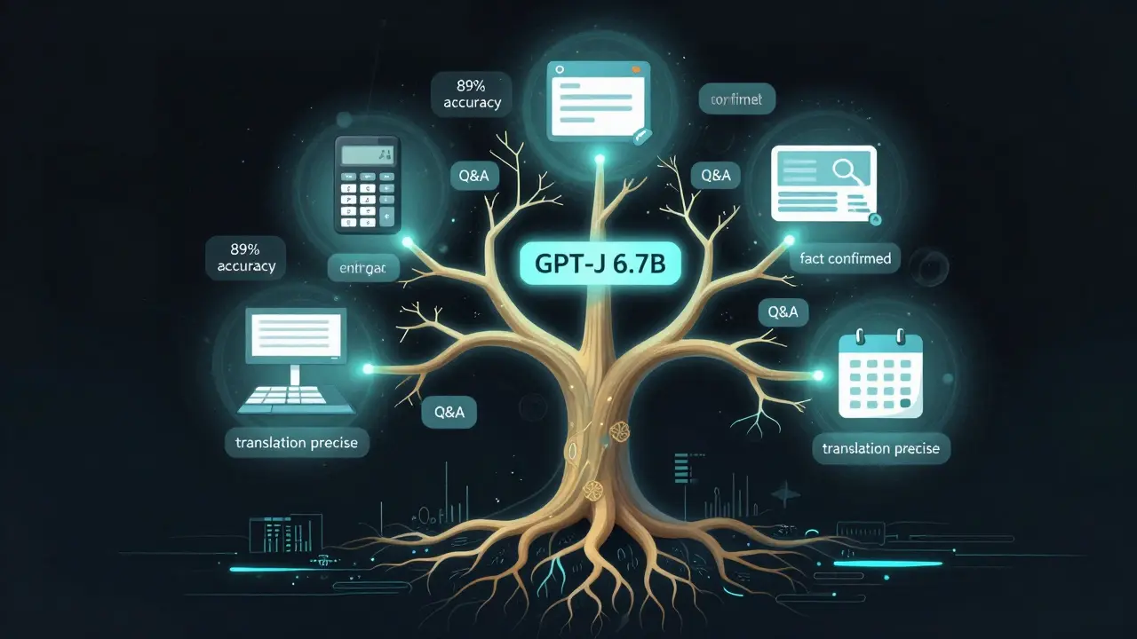 Rede neural em forma de árvore com cinco ramos de ferramentas e dados de precisão brilhantes.