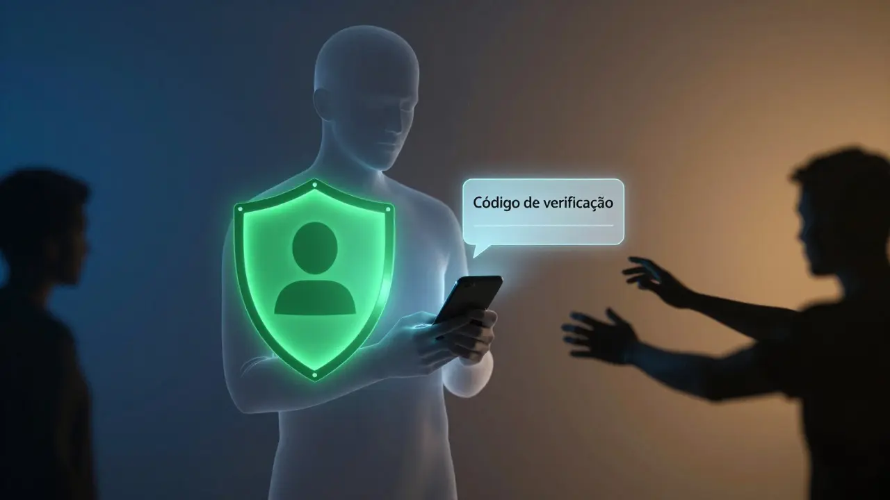 Silhueta humana com escudo de proteção de um lado e figuras sombrias tentando roubar dados do outro.