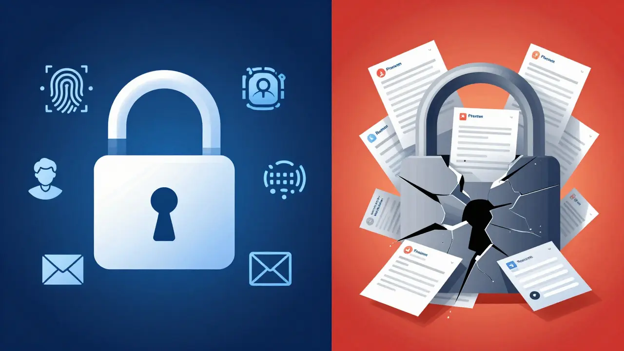 Tela dividida: lado seguro com autenticação biométrica e e-mail, lado perigoso com mensagens de phishing e bloqueio quebrado.