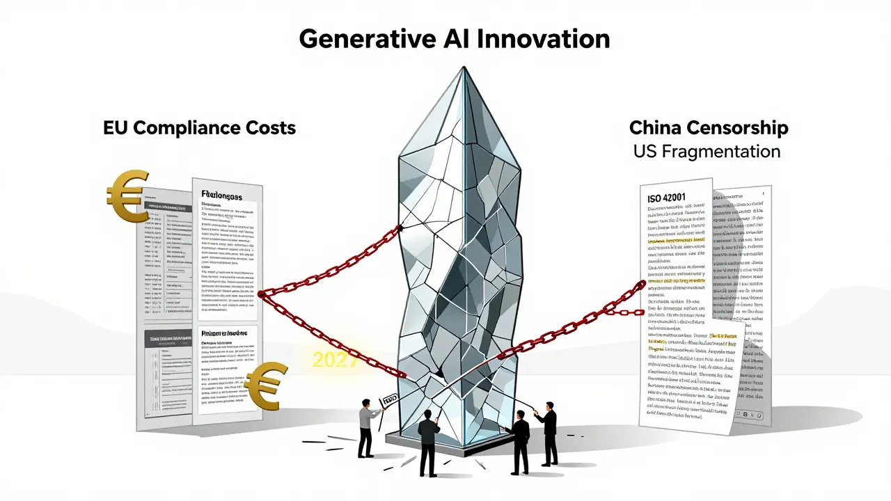 Torre de inovação em IA rachada por custos de conformidade, censura e fragmentação legal, com startup reforçando a base com certificação ISO 42001.