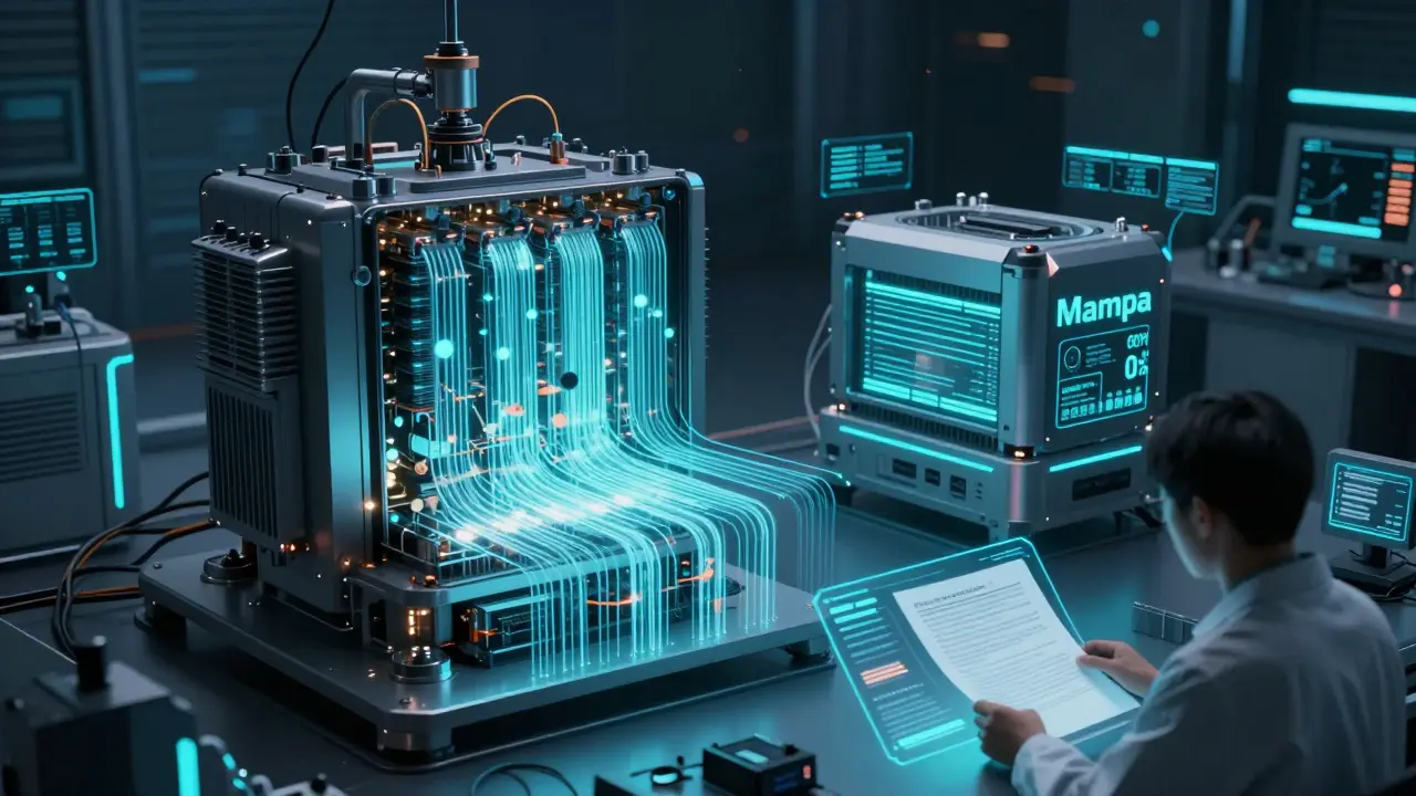Transformer and Mamba architectures side by side, with RAG integrating real documents into AI output.
