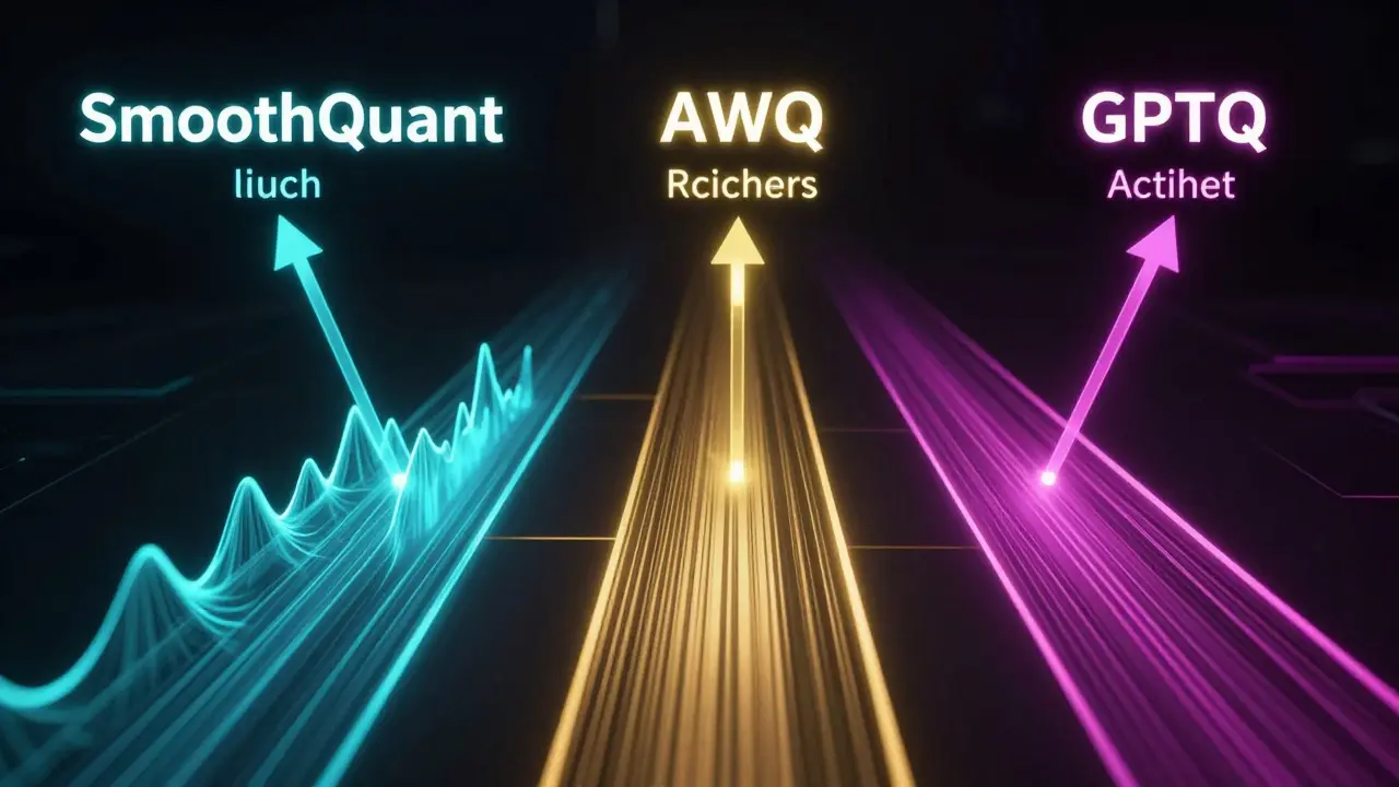 Três métodos de quantização representados como raios de luz convergindo em um modelo de IA, com formas abstratas.