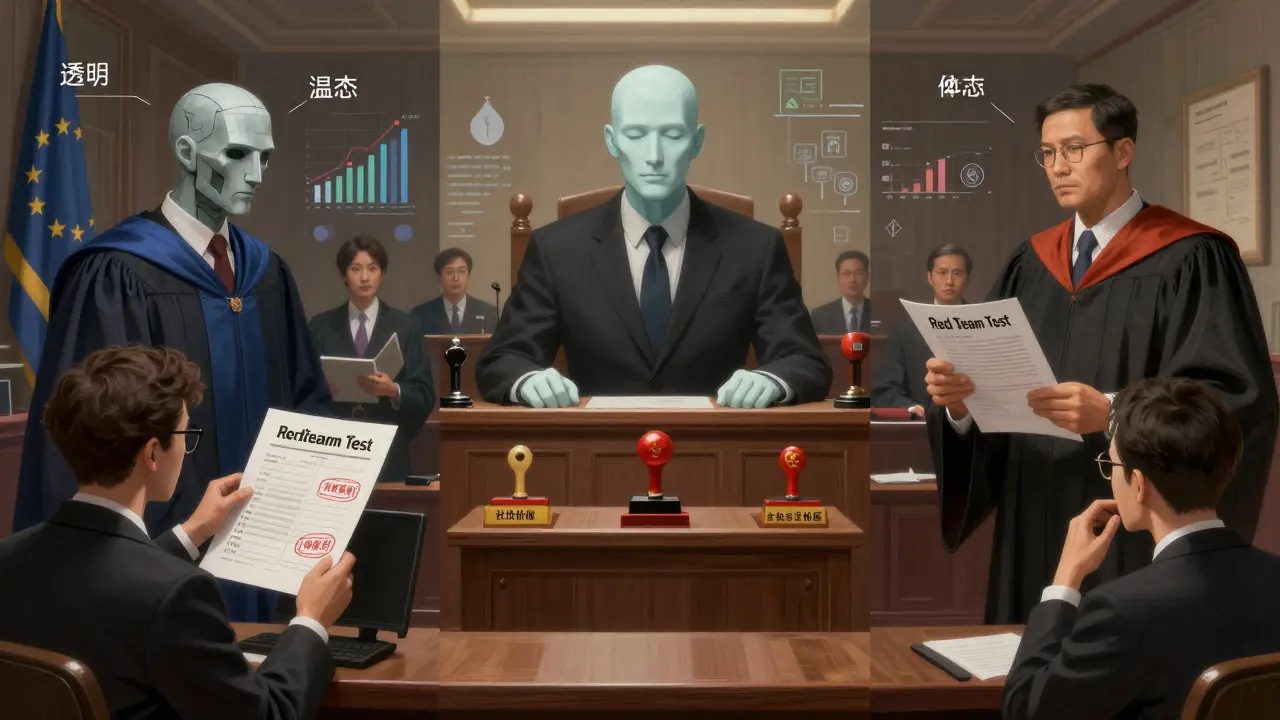 Tribunal surreal onde modelos de IA são julgados por reguladores da UE, China e Califórnia, com selos digitais e relatórios de teste.