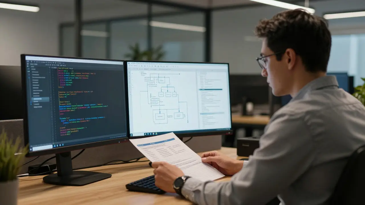 Analista revisando documentação de engenharia de prompts em escritório moderno