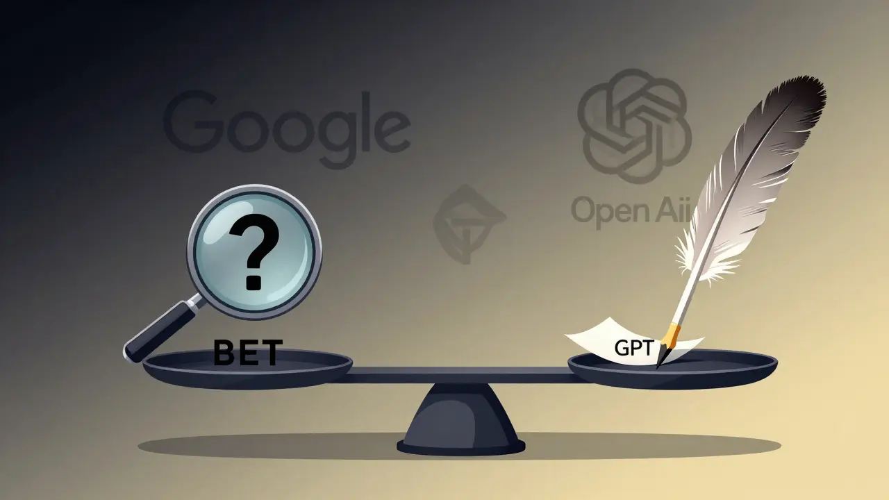 Balança simbólica com BERT como lupa e GPT como pena escrevendo, representando complementaridade entre os modelos.