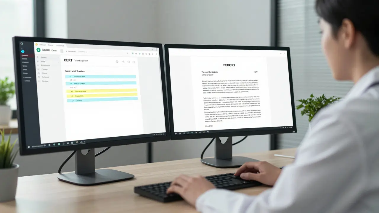 Cena de escritório com BERT analisando sintomas médicos e GPT gerando uma carta de recomendação.