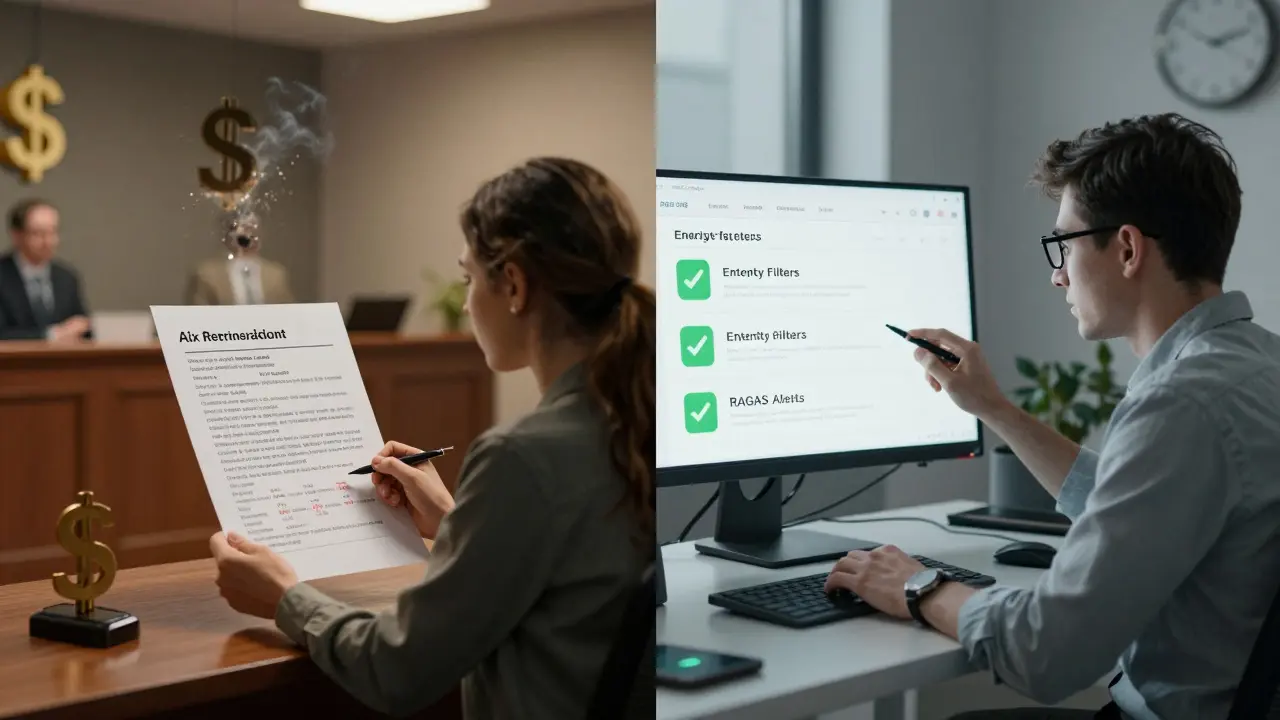 Cena dividida: à esquerda, erro de IA leva a consequências legais; à direita, sistema de monitoramento previne o erro com alertas em tempo real.