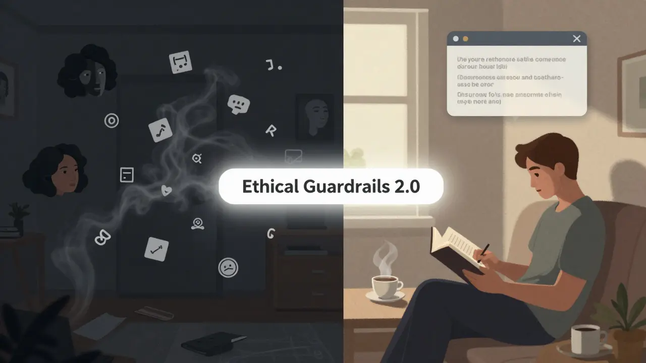 Cena dividida: caos à esquerda, calma à direita, com barreira ética entre os dois lados.