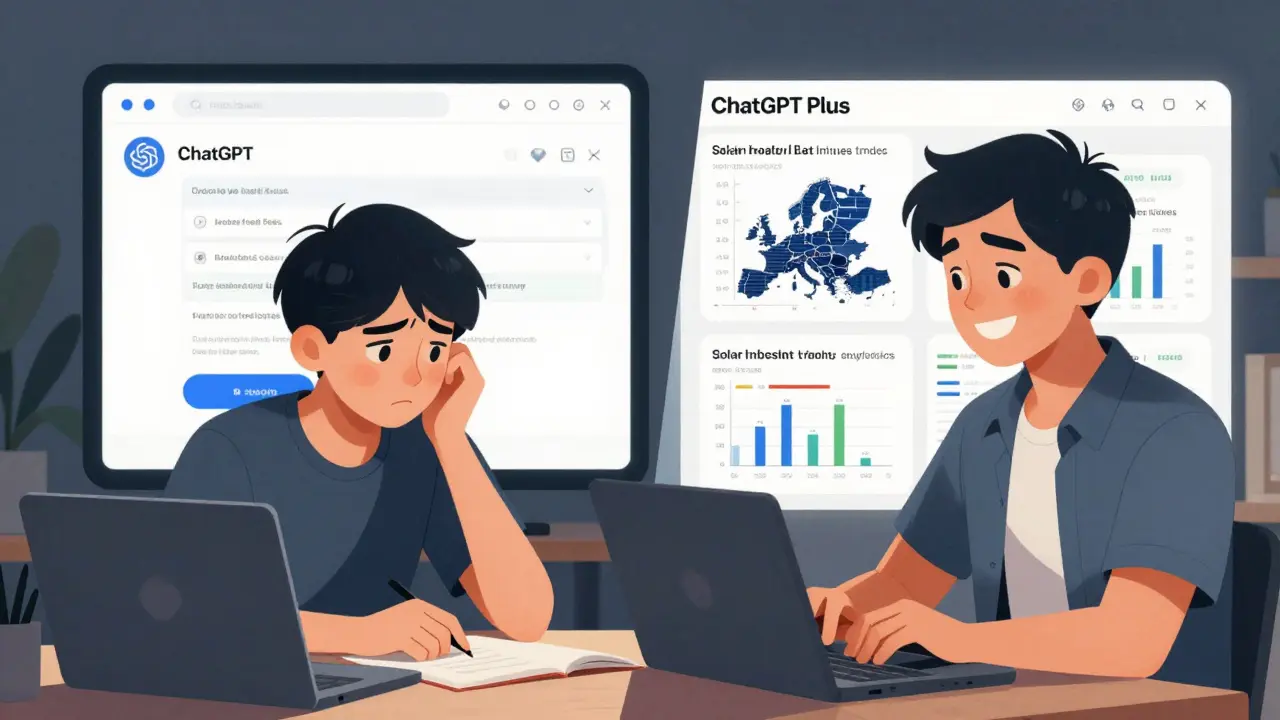 Cena dividida: lado esquerdo com resposta genérica do ChatGPT gratuito, lado direito com análise detalhada e plugins do ChatGPT Plus.