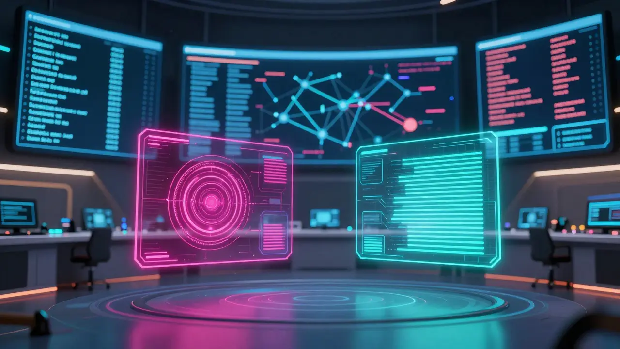 Centro tecnológico com hologramas mostrando sistemas de inteligência artificial