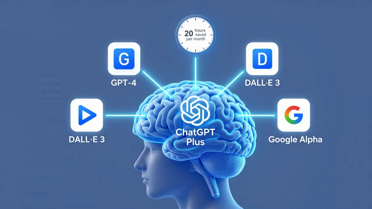 Cérebro humano conectado a ícones de ferramentas do ChatGPT Plus, representando um sistema operacional pessoal de inteligência aumentada.