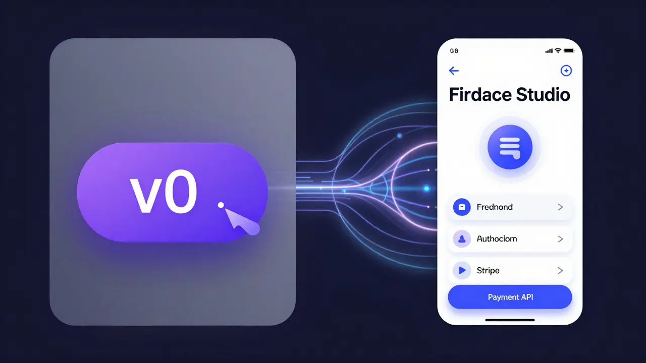 Comparação visual entre v0 (só UI) e Firebase Studio (frontend + backend completos) em um único quadro.